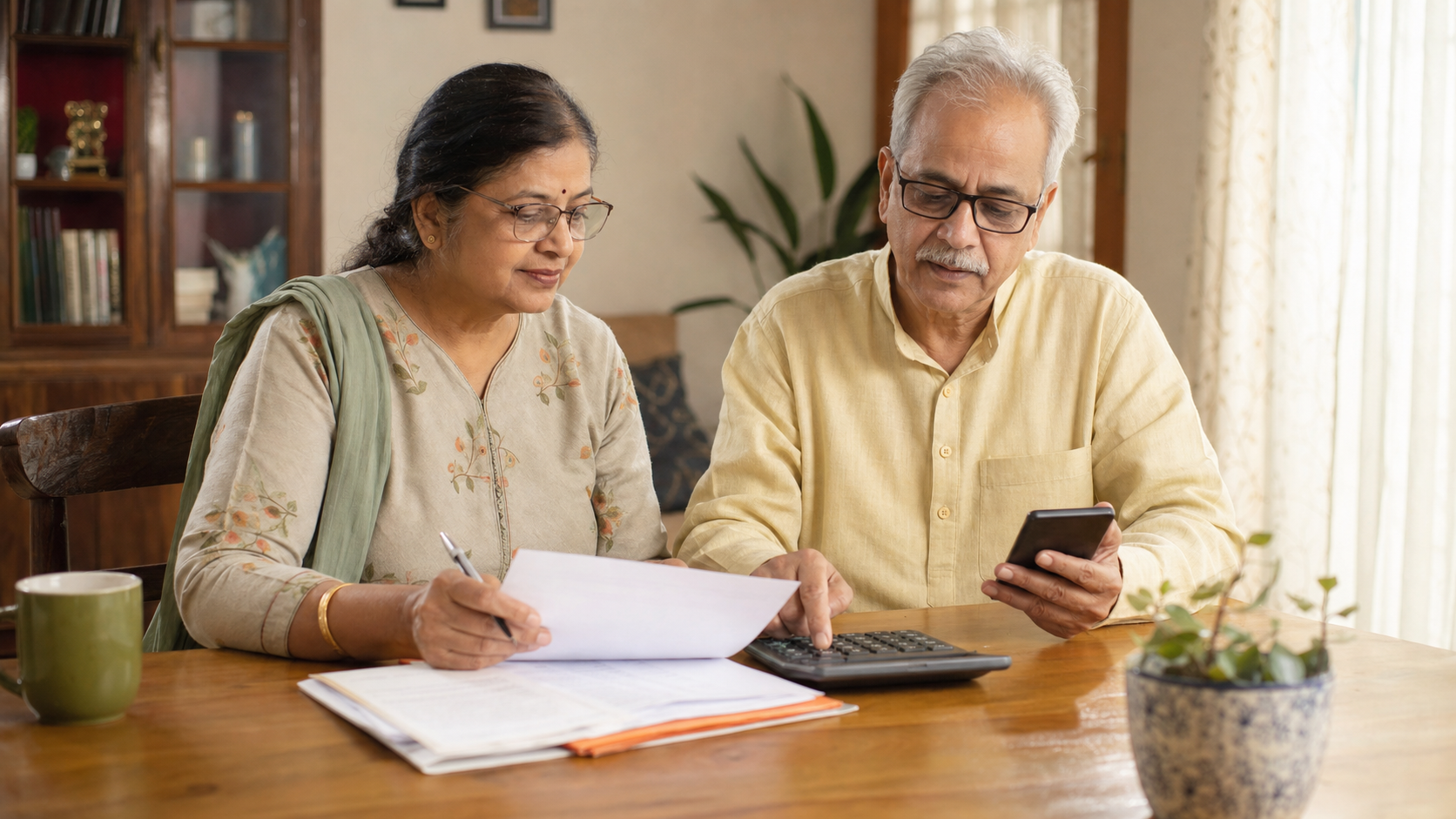 सेवानिवृत्त भारतीय दंपति घर पर pension calculation देखते हुए